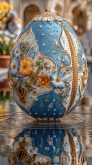 Intricate decorative egg resting on a reflective surface in a beautiful garden setting during daylight hours