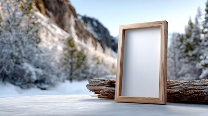 Wooden frame with a white background is placed on a log in a snowy forest. The frame is empty, giving the impression of a blank canvas waiting to be filled with a beautiful picture