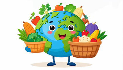 Obraz premium A joyful cartoon Earth character holding baskets overflowing with a fresh harvest of fruits and vegetables, symbolizing global health and nutrition