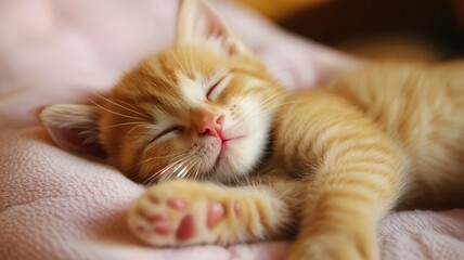 An adorable ginger tabby kitten, curled up contentedly on a soft pink blanket, enjoying a peaceful nap, showcasing the innocence and tranquility of a young feline's slumber in a cozy environment