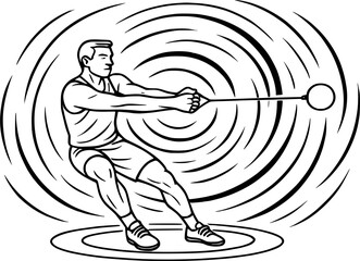 Hammer Throw Athlete Outline Vector with Abstract Swirl, Dynamic Spinning Motion Black White Sports Design