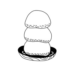 Stylized three-tier dessert with black and white outline illustration served on a decorative black plate