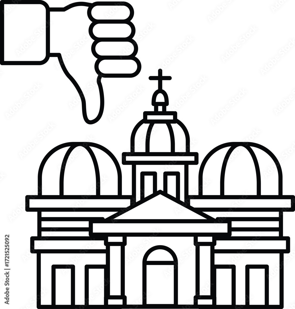 Poster a building with a cross on top and a thumbs down sign below it