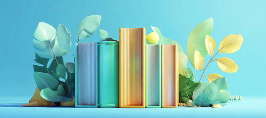 3D cartoon illustration of books and green leaves on a blue background, in a minimalistic style, suitable for casual game art