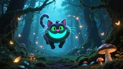 Magical glowing Cheshire Cat with green eyes and huge smile floats in an enchanted forest with mushrooms and fireflies