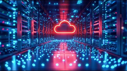 The space of a modern data center. Panels with a large number of servers and LED indicators. A stylized cloud symbolizes cloud technologies and data storage.
- Powered by Adobe