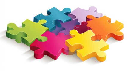 Colorful puzzle pieces are joined together on a white surface with a bright shadow