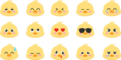 Set of funny yellow chick face emoji with various emotions