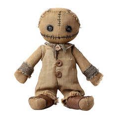Creepy, stitched burlap voodoo doll and scarecrow character perfect for halloween. This spooky horror figure, isolated, evokes feelings of dark magic and supernatural ritual
