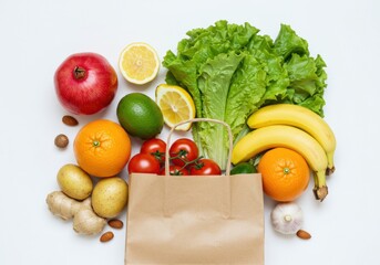 Paper Bag with Fresh Fruits and Vegetables on White Background – Healthy Food Flat Lay