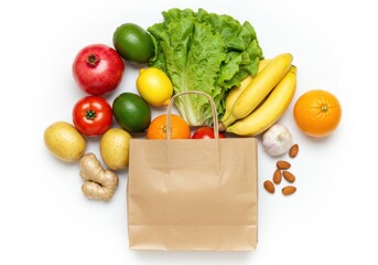 Paper Bag with Fresh Fruits and Vegetables on White Background – Healthy Food Flat Lay