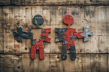 Two puzzle pieces shaped as people, interlocked, rest on a rustic wooden surface.  They are predominantly red and grey