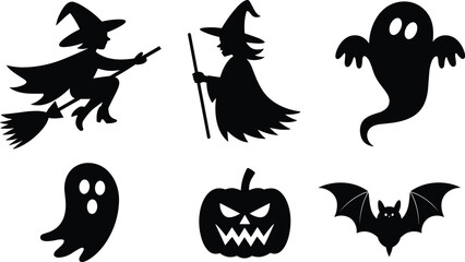 Halloween silhouette illustration, witches ghosts jack-o'-lantern bat spooky festive icons black design white background, vector clipart, seasonal artwork