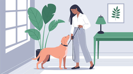 Vector art of woman training her dog indoors with plants and furniture