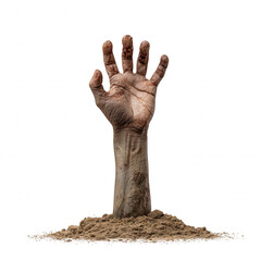 Scary zombie hand and arm covered in dirt rising from ground. creepy and horror concept of undead for halloween, with feeling of terror and fear