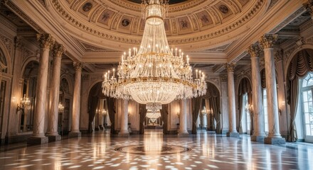 Obraz premium Elegant Grand Ballroom with Large Crystal Chandelier and Classic Decor in Luxurious Palace Setting