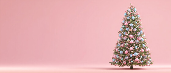 3D Christmas Tree with Ornaments on a Pink Minimalist Banner