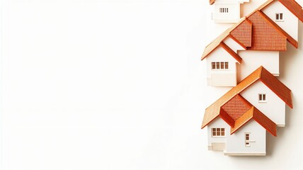A row of miniature house models with terracotta roofs against a clean white background