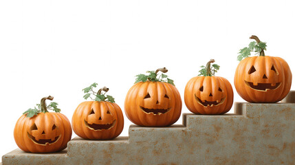 Row of happy orange jack o lantern pumpkin decorations for fall autumn halloween celebration, sitting on stone stair step and isolated for seasonal design