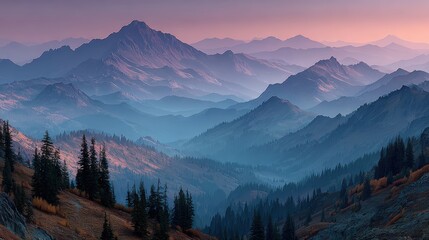 Obraz premium A breathtaking view of layered mountains at dusk, featuring a gradient sky with hues of purple and blue, surrounded by evergreen trees.