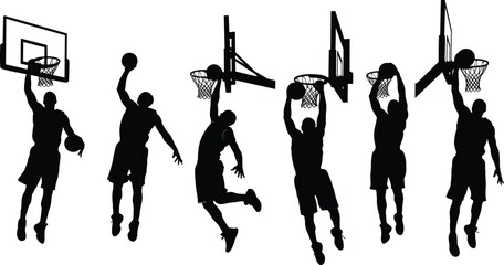 Collection of basketball players in various dunking and shooting poses, black and white vector silhouettes with athletes in dynamic motion, isolated on white background.