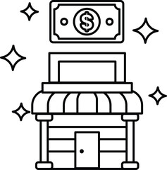 A black and white drawing of a store with a dollar bill on top of it
