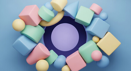 A vibrant collection of colorful geometric shapes like cubes, spheres, and cones are arranged around a central purple void, creating a playful abstract composition
