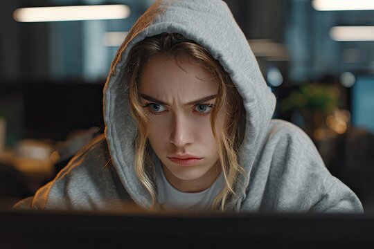 Young caucasian woman wearing hoodie intensely looking at computer screen in office. Focused female office worker working late. Serious worker.