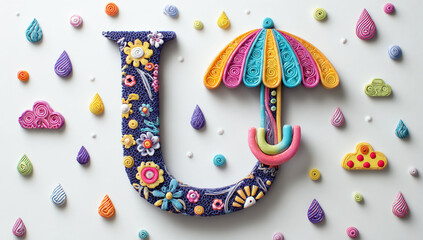 3D Clay Letter U with Umbrella in Playful Style