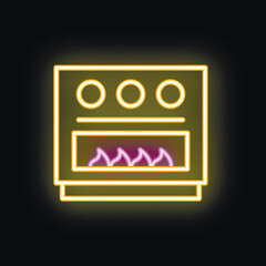 Yellow neon icon of a stove burning with purple flames, great for grabbing attention