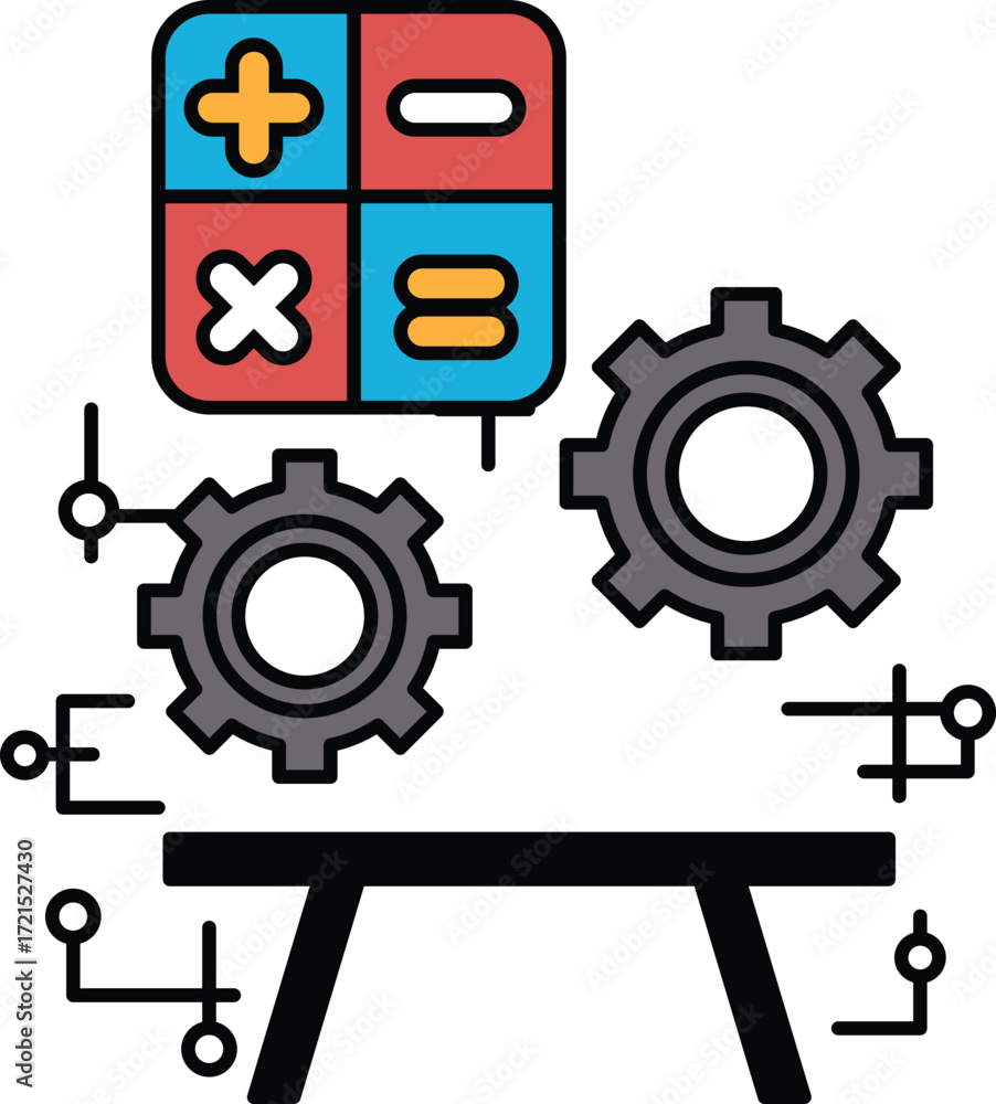 Poster a black and white drawing of a table with a series of gears and numbers