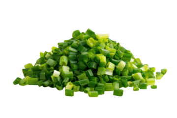 A pile of chopped green onions on a white background. The onions are cut into small pieces and are piled on top of each other, png