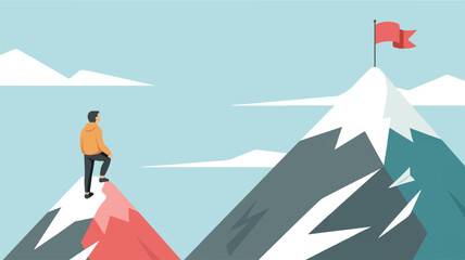 Obraz premium Vector art of man standing on mountain peak looking towards a higher summit with flag