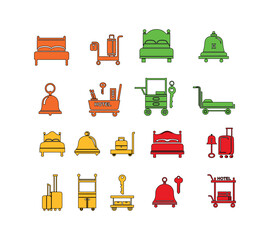 Hotel themed icons featuring beds luggage carts and service bells in various colors on white background, A set of icons for a hotel: a bed, a luggage cart, a hotel bell, a key, and a room service cart
