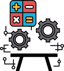 A black and white drawing of a table with a series of gears and numbers