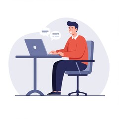 Online work at laptop computer. Freelance remote worker and businessman with PC. Happy freelancer, digital entrepreneur in virtual job. Flat vector illustration isolated on white background.