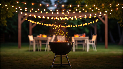 Warm glow of outdoor string lights illuminates a backyard barbecue scene with a grill and dining tables set for a gathering