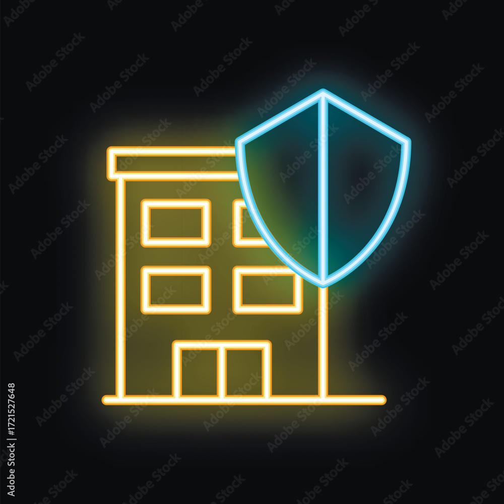 Aufkleber neon shield protecting building icon glowing on dark background representing concept of building sec