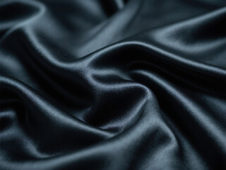 A close up shot of dark blue silky fabric with soft folds and subtle light reflecting on the surface