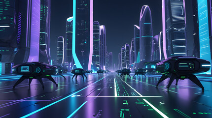 Futuristic holographic smart city infrastructure maintained by robotic drones in automated urban environment