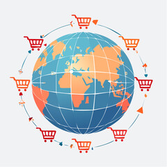 Global Ecommerce Network: Orange and Blue Globe with Shopping Carts