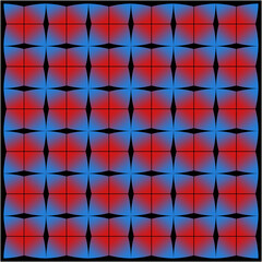 Red and blue squares fade into one another, connected by black diamond intersections, forming a hypnotic tapestry of symmetry, contrast, energy, and flow.
