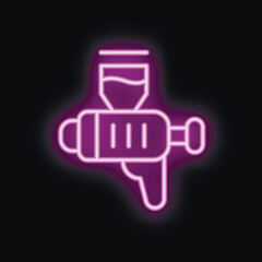 Purple neon sign of an airbrush, glowing on a black background