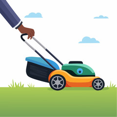 Person Pushing a Lawn Mower on Green Grass