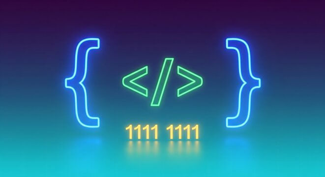 Neon coding symbol with brackets and binary code against a gradient background