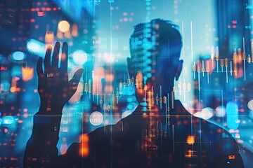 A silhouetted figure, possibly male, interacts with a translucent digital overlay showing city lights and financial data, creating a futuristic, technological feel
