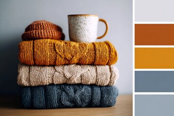 Cozy knit sweaters and warm drink with autumn color palette on display. concept of autumn comfort and warmth. Color palette on side shows matching seasonal tones