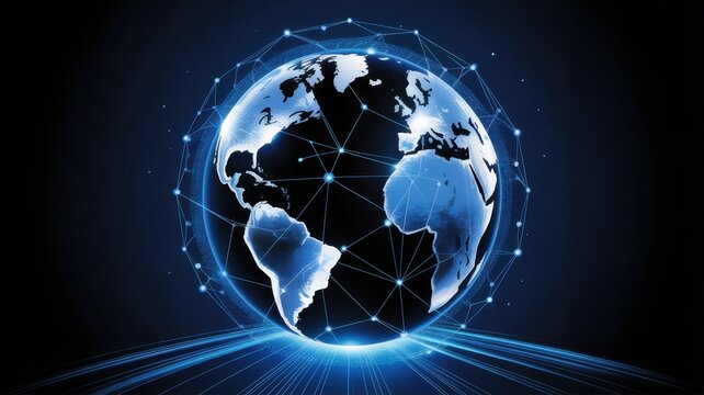 Global Connectivity: A luminous, digitized globe, enveloped by a web of interconnected lines, symbolizes the ever-expanding network of the digital world.