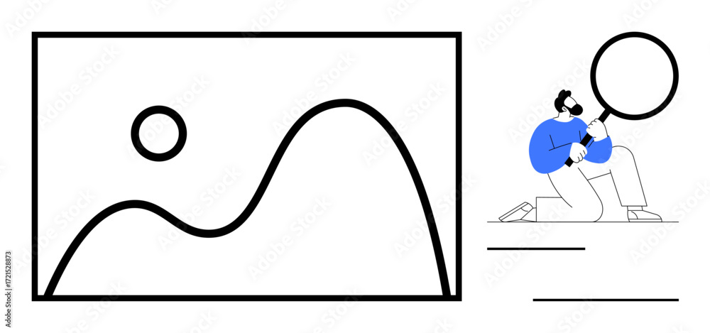 Aufkleber man using magnifying glass to examine abstract artwork with curves and shapes. ideal for exploration