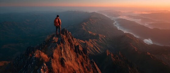 Fototapeta premium Peaceful Sunset Over Mountain Ridge and Rolling Hills